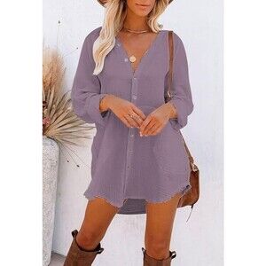 Women's Shirt Dress button down Cover Up 100% cotton Swimsuit Beach purple Small